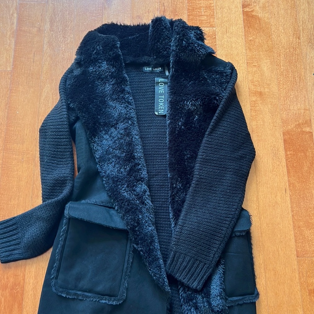 Love Token Black Felt&Fur Cardigan